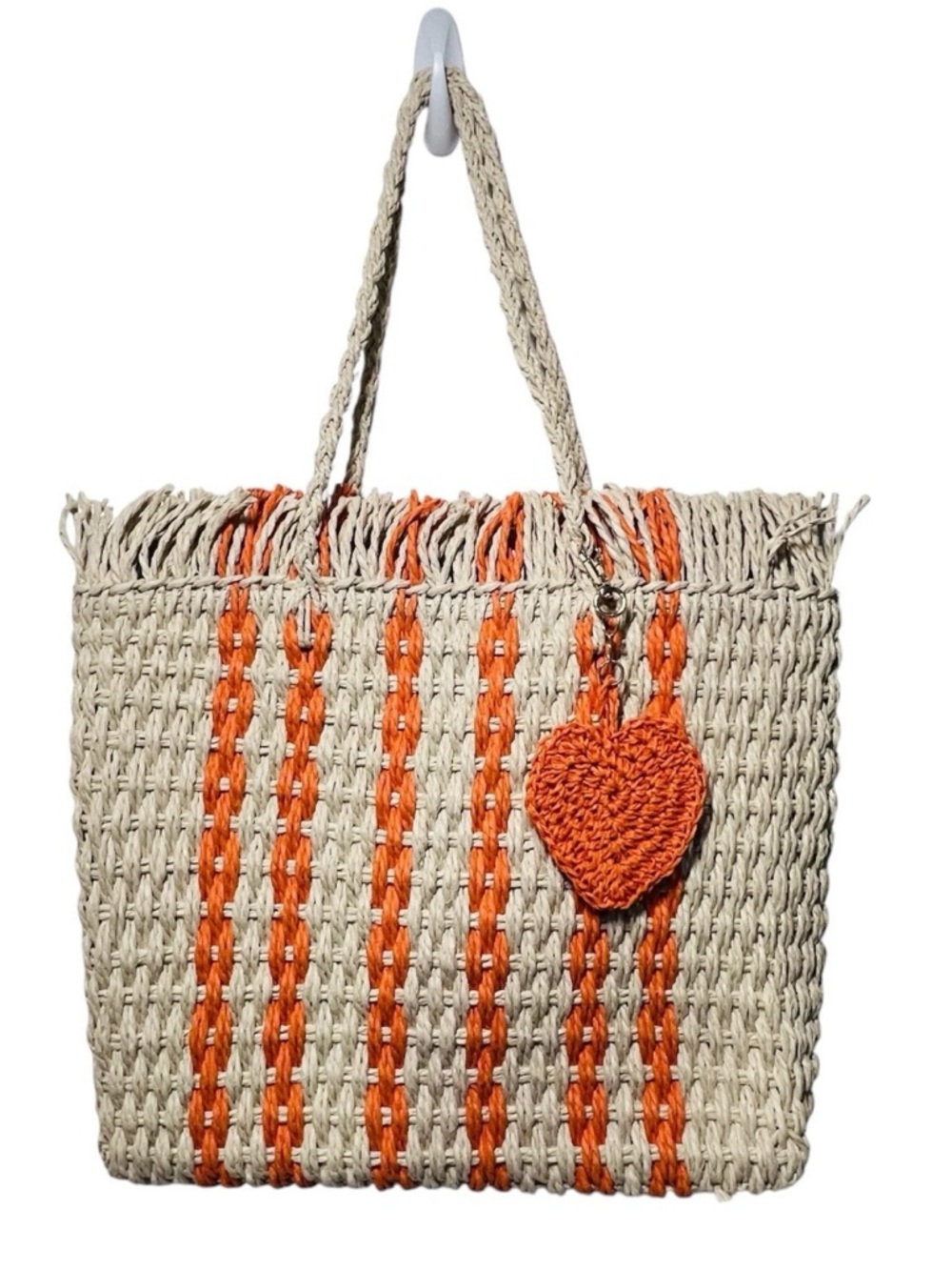 New Haute Hippie Woven Straw Tote Bag with Orange Heart Charm